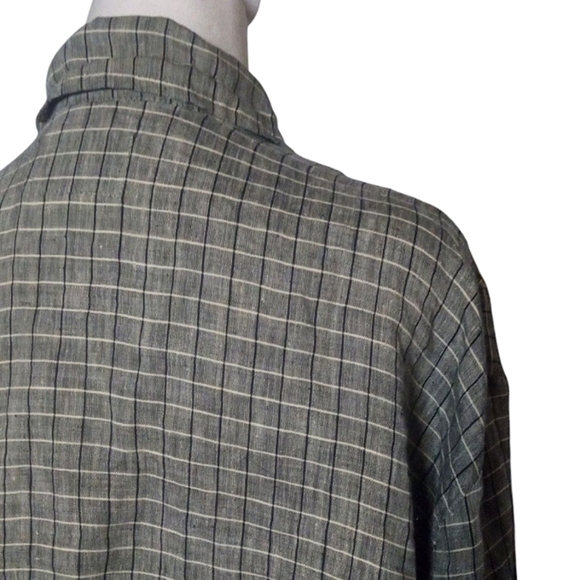Flax Black Cream Button Front Grid Print 100% Linen Shacket Front Pockets Large - Picture 7 of 8